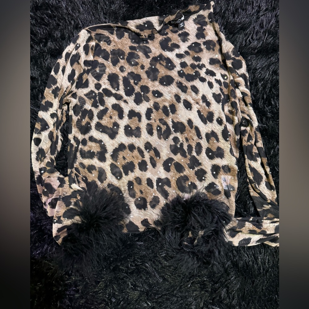 mesh rhinestone cheetah print long sleeve